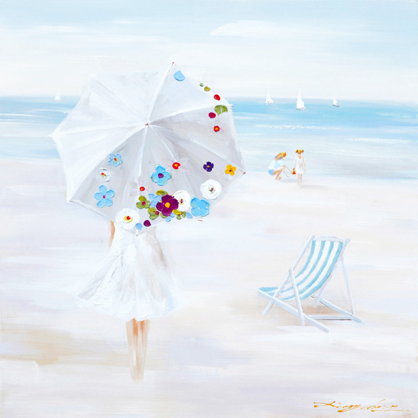 PXFC313 Wall décor art oil on canvas seascape lady on beach blue white tones